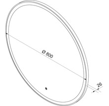 Dessin technique d'un miroir rond d'un diamètre de 800 millimètres et d'une profondeur de 26 millimètres.