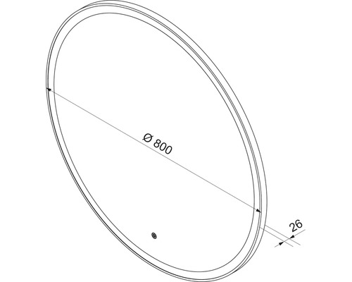 Dessin technique d'un miroir rond d'un diamètre de 800 millimètres et d'une profondeur de 26 millimètres.