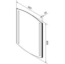 Schéma miroir salle de bain avec bords supérieur et inférieur bombés, largeur 605 millimètres, hauteur 800 millimètres, profondeur 20 millimètres.