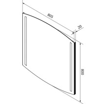 Schéma avec dimensions d'un miroir de salle de bain avec éclairage, largeur 805 millimètres, hauteur 800 millimètres, profondeur 20 millimètres.