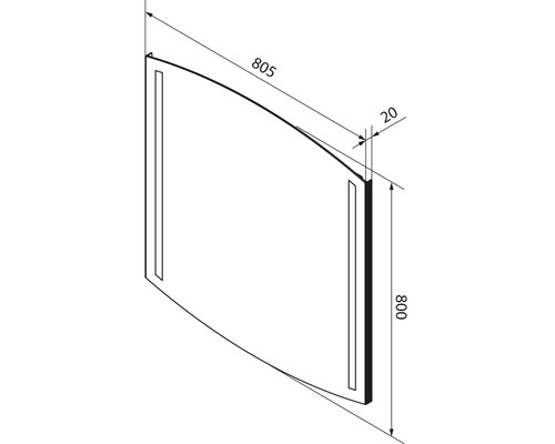 Schéma avec dimensions d'un miroir de salle de bain avec éclairage, largeur 805 millimètres, hauteur 800 millimètres, profondeur 20 millimètres.