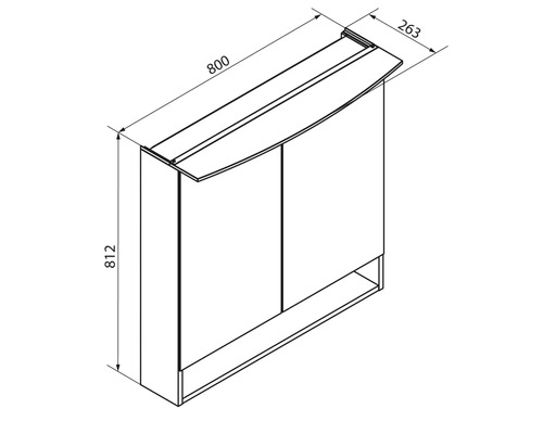 Schéma avec dimensions armoire de toilette 2 portes et compartiment ouvert, largeur 800 millimètres, hauteur 812 millimètres, profondeur 263 millimètres.