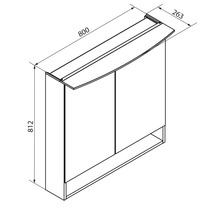 Schéma avec dimensions armoire de toilette 2 portes et compartiment ouvert, largeur 800 millimètres, hauteur 812 millimètres, profondeur 263 millimètres.