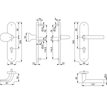 Dessin technique d'une garniture sur plaque longue avec bouton et poignée de porte, incluant des dimensions détaillées en millimètres.