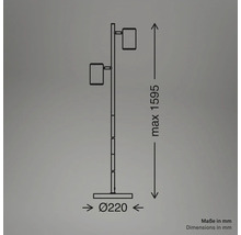 Dessin technique d une lampe de sol à deux lumières, hauteur maximale 1595 millimètres, diamètre de la base 220 millimètres.