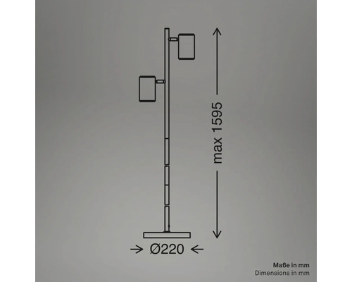 Dessin technique d une lampe de sol à deux lumières, hauteur maximale 1595 millimètres, diamètre de la base 220 millimètres.