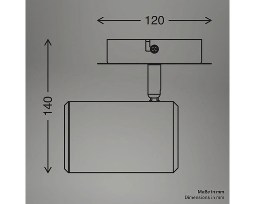 Dessin technique d'un spot avec dimensions en millimètres. Largeur 120 millimètres, hauteur 140 millimètres.
