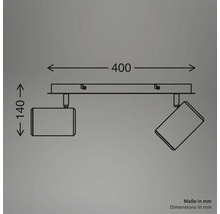 Dessin technique d'un spot de plafond à 2 lampes avec dimensions : largeur 400 millimètres, hauteur 140 millimètres.