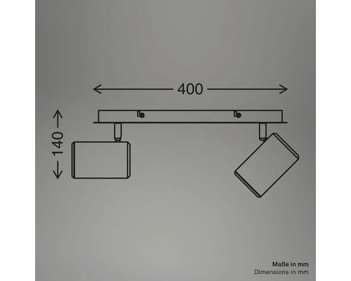 Dessin technique d'un spot de plafond à 2 lampes avec dimensions : largeur 400 millimètres, hauteur 140 millimètres.