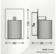 Dessin technique d'un luminaire avec dimensions en millimètres : largeur 80, hauteur 130, profondeur 90.