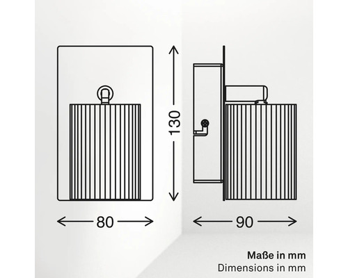 Dessin technique de l applique murale avec dimensions : hauteur 130 millimètres, largeur 80 millimètres, profondeur 90 millimètres.