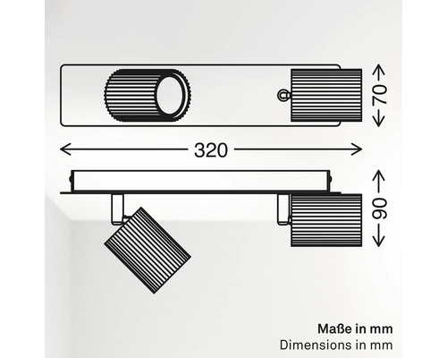 Croquis coté d une lampe à deux spots, largeur 320 millimètres, profondeur 70 millimètres, hauteur maximale 90 millimètres.