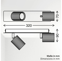 Croquis coté d une lampe à deux spots, largeur 320 millimètres, profondeur 70 millimètres, hauteur maximale 90 millimètres.