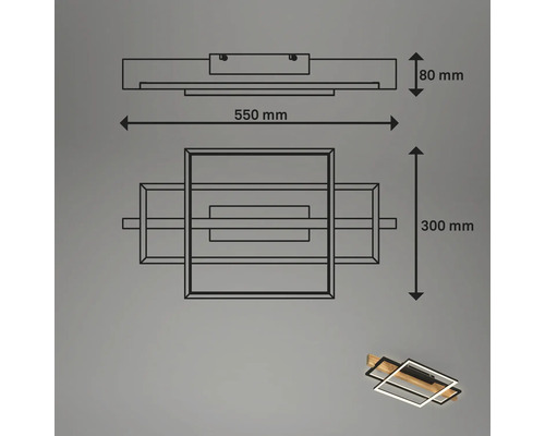 Dimensions du plafonnier LED : largeur 550 millimètres, profondeur 300 millimètres, hauteur 80 millimètres.