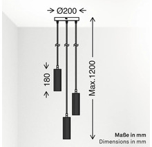 Croquis coté d'une suspension à trois lampes : diamètre 200 millimètres, hauteur abat-jour 180 millimètres, hauteur maximale 1200 millimètres.
