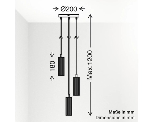 Croquis coté d'une suspension à trois lampes : diamètre 200 millimètres, hauteur abat-jour 180 millimètres, hauteur maximale 1200 millimètres.