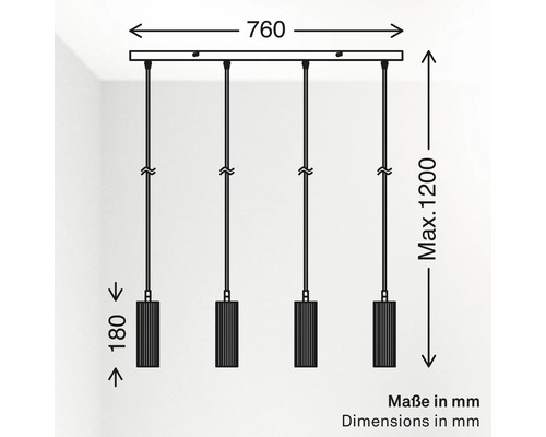 Schéma d une suspension à 4 lampes avec dimensions en millimètres : largeur 760, hauteur maximale 1200, hauteur de l abat-jour 180.
