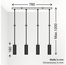 Schéma d une suspension à 4 lampes avec dimensions en millimètres : largeur 760, hauteur maximale 1200, hauteur de l abat-jour 180.