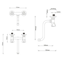 Dessin technique mélangeur mural deux poignées. Dimensions en millimètres: largeur 213, saillie 181, entraxe 150, filetage G un demi.