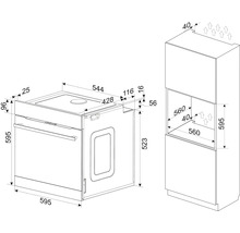 Schéma technique d'un four encastrable et de la niche d'encastrement dans le meuble avec dimensions en millimètres.