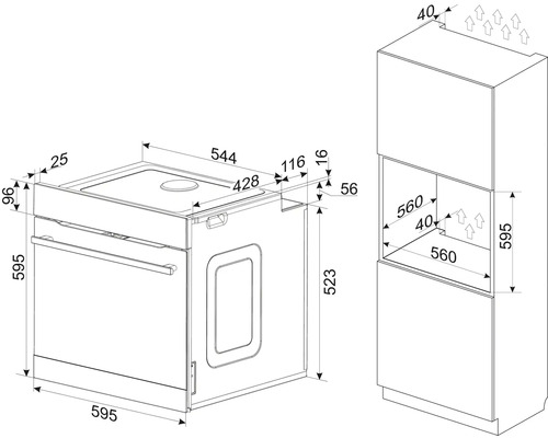 Schéma technique d'un four encastrable et de la niche d'encastrement dans le meuble avec dimensions en millimètres.