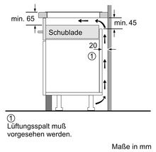 Technische Zeichnung für den Einbau eines Kochfelds mit Belüftungshinweisen über einer Schublade, Maße in Millimeter.