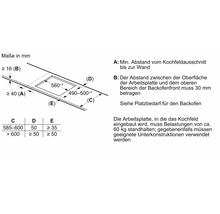 Technische Zeichnung für die Einbaumaße eines Kochfeldes in eine Arbeitsplatte mit Millimeterangaben für Ausschnitt und Abstände.