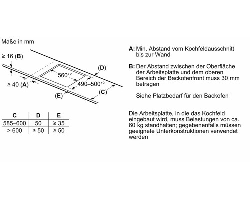 Technische Zeichnung für die Einbaumaße eines Kochfeldes in eine Arbeitsplatte mit Millimeterangaben für Ausschnitt und Abstände.