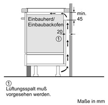 Technische Zeichnung zur Installation eines Einbauherds oder Backofens mit Lüftungshinweisen und Maßen in Millimeter.