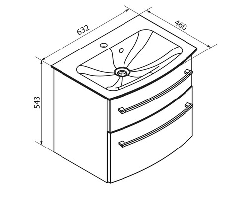 Dessin technique d'un meuble sous-lavabo avec deux tiroirs, largeur 632 millimètres, profondeur 460 millimètres, hauteur 543 millimètres.