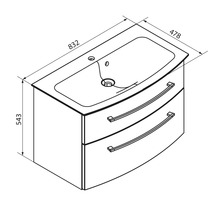 Dessin technique meuble sous-lavabo avec deux tiroirs bombés et lavabo. Largeur 832, hauteur 543, profondeur 478 millimètres.