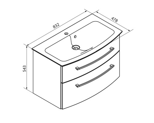 Dessin technique meuble sous-lavabo avec deux tiroirs bombés et lavabo. Largeur 832, hauteur 543, profondeur 478 millimètres.