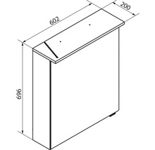 Schéma avec dimensions d'un meuble, hauteur 696, largeur 602 et profondeur 200.