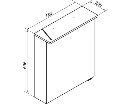 Schéma avec dimensions d'un meuble, hauteur 696, largeur 602 et profondeur 200.