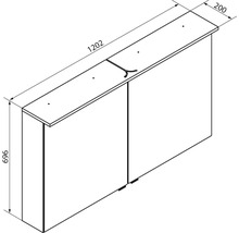 Schéma armoire de toilette, deux portes, largeur 1202 millimètres, hauteur 696 millimètres, profondeur 200 millimètres.