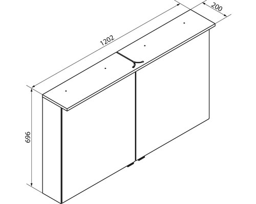 Schéma armoire de toilette, deux portes, largeur 1202 millimètres, hauteur 696 millimètres, profondeur 200 millimètres.
