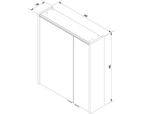 Maßzeichnung Spiegelschrank mit 2 Türen, Breite 600 Millimeter, Höhe 683 Millimeter, Tiefe 160 Millimeter.