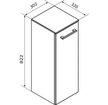 Maßzeichnung Badezimmerschrank: Höhe 822 Millimeter, Breite 320 Millimeter, Tiefe 302 Millimeter.