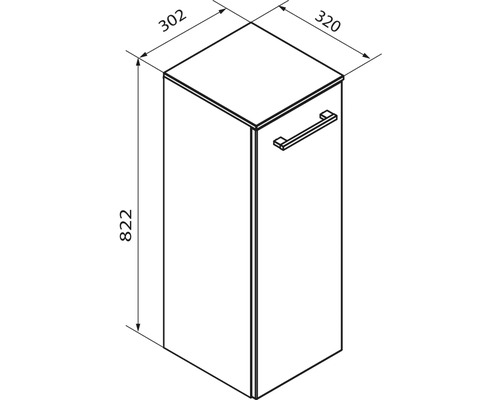 Maßzeichnung Badezimmerschrank: Höhe 822 Millimeter, Breite 320 Millimeter, Tiefe 302 Millimeter.