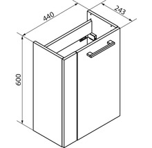 Dessin technique meuble sous-vasque avec dimensions : hauteur 600 millimètres, largeur 440 millimètres, profondeur 243 millimètres.