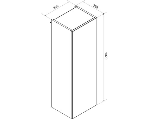 Dessin technique d'une colonne de salle de bains avec les dimensions largeur 330 millimètres, profondeur 282 millimètres et hauteur 1020 millimètres.