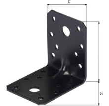 Équerre d assemblage noire en métal avec nervure de renfort, plusieurs trous de fixation et indications de dimensions.