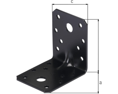 Équerre d assemblage noire en métal avec nervure de renfort, plusieurs trous de fixation et indications de dimensions.