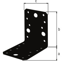 Équerre d'assemblage noire en forme de L avec indications de dimensions et trous de perçage.