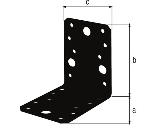 Équerre d'assemblage noire en forme de L avec indications de dimensions et trous de perçage.