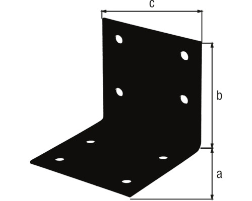 Équerre d'assemblage métallique avec dimensions a, b et c.