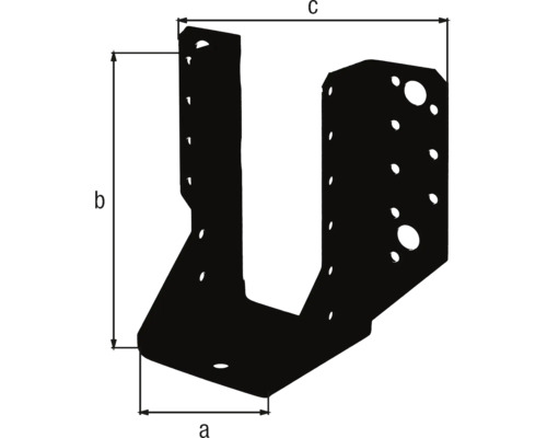Sabot de charpente avec indications de dimensions pour la largeur a, la hauteur b et la largeur totale c.