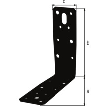Dessin technique d'une équerre noire en L avec des trous pré-percés et des dimensions indiquées pour la hauteur, la largeur et la profondeur.