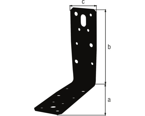 Dessin technique d'une équerre noire en L avec des trous pré-percés et des dimensions indiquées pour la hauteur, la largeur et la profondeur.