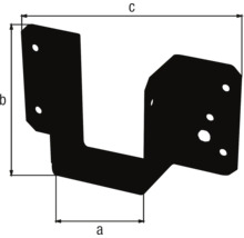 Sabot de charpente en métal avec dimensions a, b et c pour la largeur et la hauteur, et trous pré-percés.